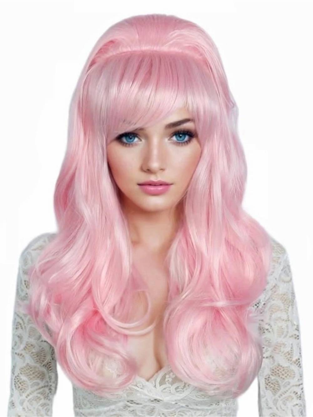 New Retro 60s 70s Beehive Bouffant Long Pink Wavy Wig with Full Bangs Cosplay Co